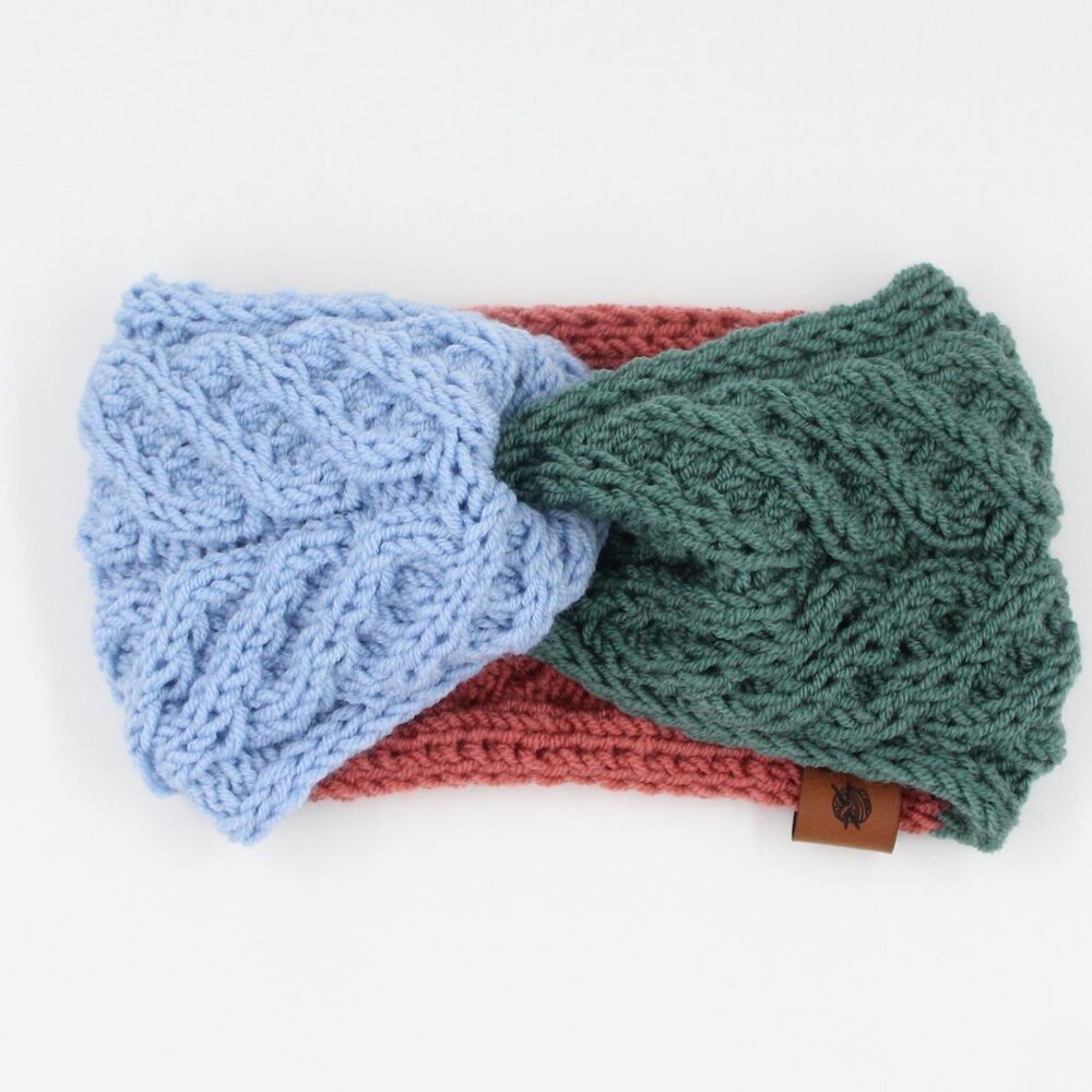 Handmade Hand Knit Superwash Merino Blue Green Pink Cable Knit Clay Ear Warmer